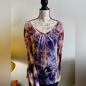 Multi-Color Long Sleeve V-Neck Top SZ L